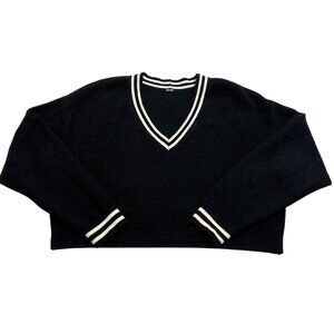 ALO Yoga Tennis Club Sweater Knit V-Neck Pullover in Black Ivory